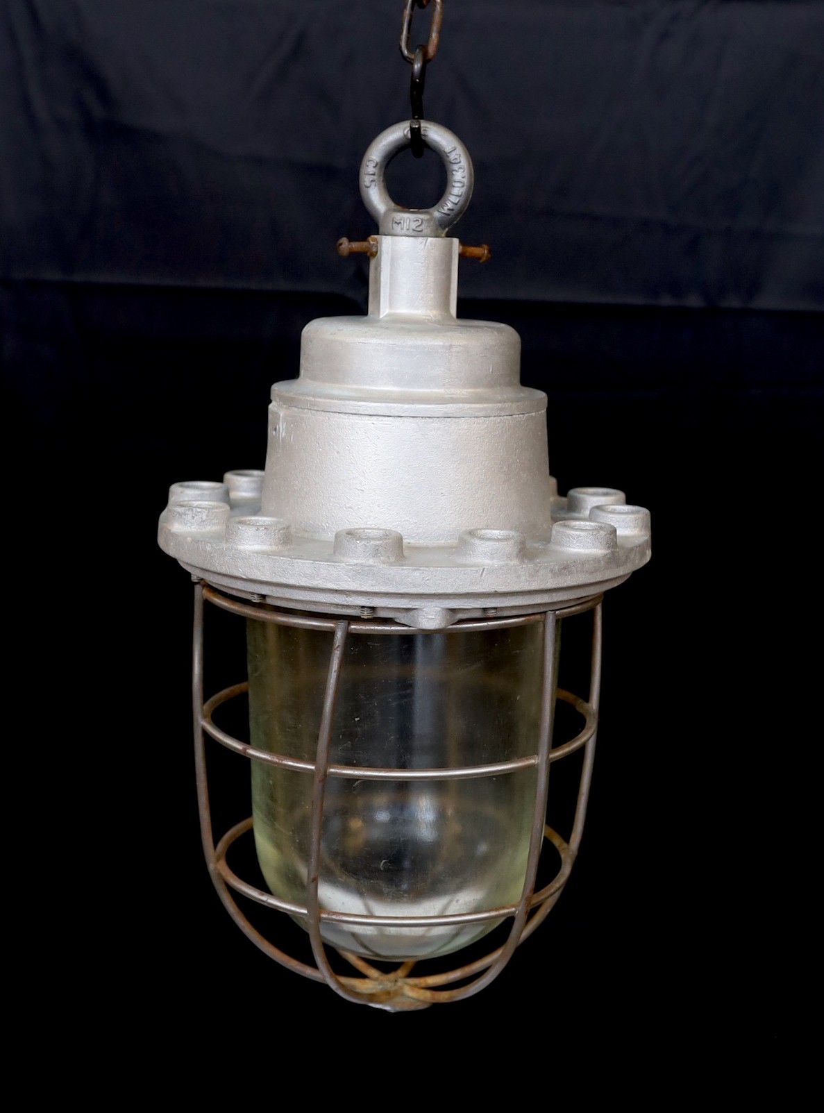 A pair of Russian galvanised iron and glass ships lights with glass liners, height 43cm. width 24cm